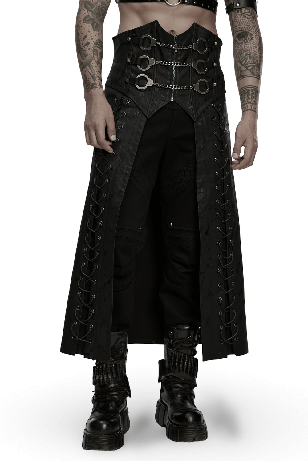 Gothic Chain Buckle Long Kilt with Side Lacing Detail worn by a model showcasing punk style and bold design.
