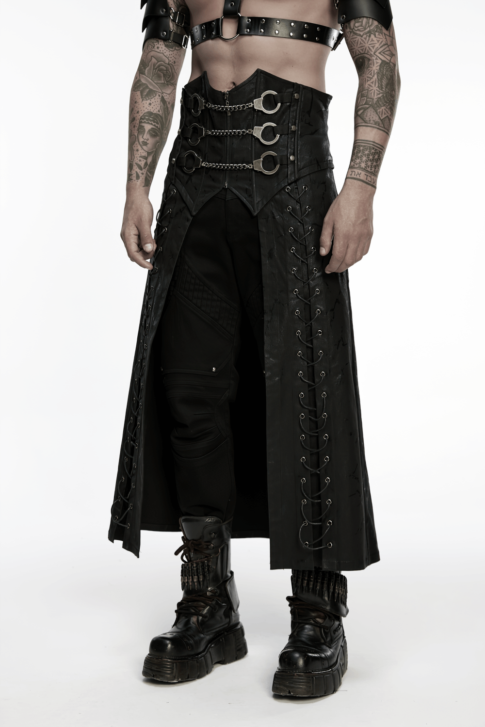 Gothic Chain Buckle Long Kilt with Side Lacing Detail worn by a model, showcasing punk style and bold design elements.