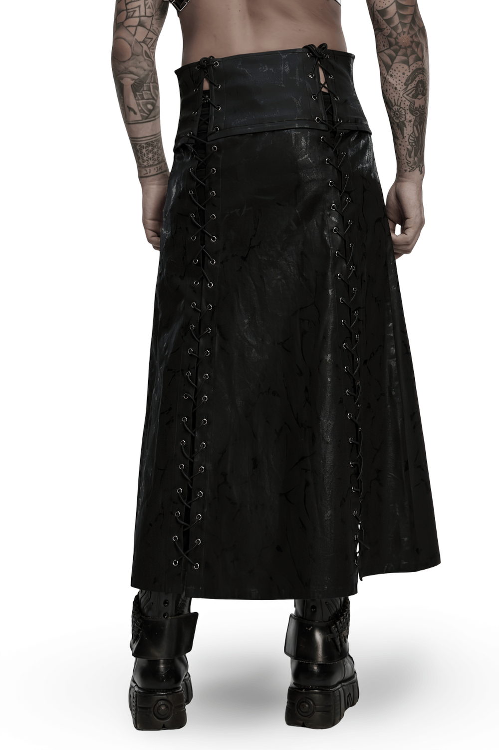 Gothic Chain Buckle Long Kilt with Side Lacing Detail showcasing the back design and lacing features.