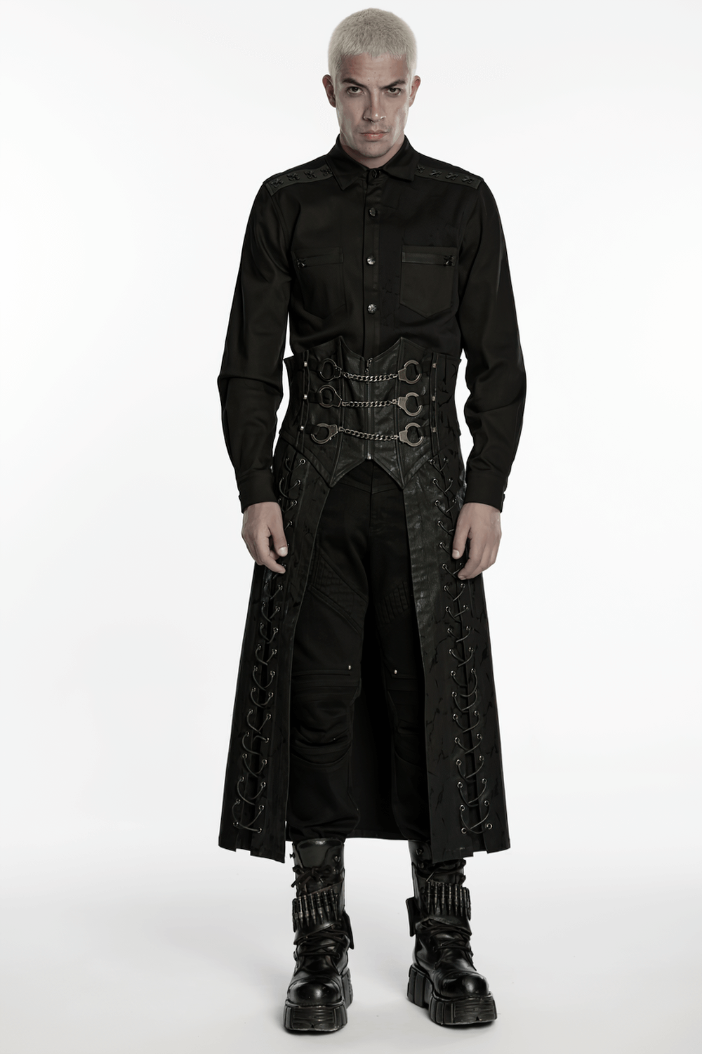Gothic Chain Buckle Long Kilt with Side Lacing Detail featuring bold chain accents and structured design.