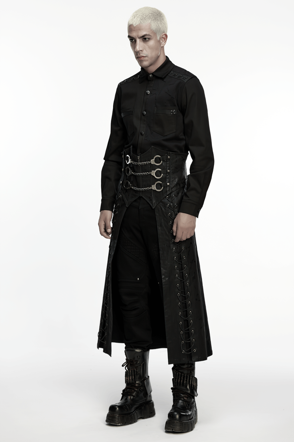 Gothic Chain Buckle Long Kilt with Side Lacing Detail showcased on model in stylish punk attire.