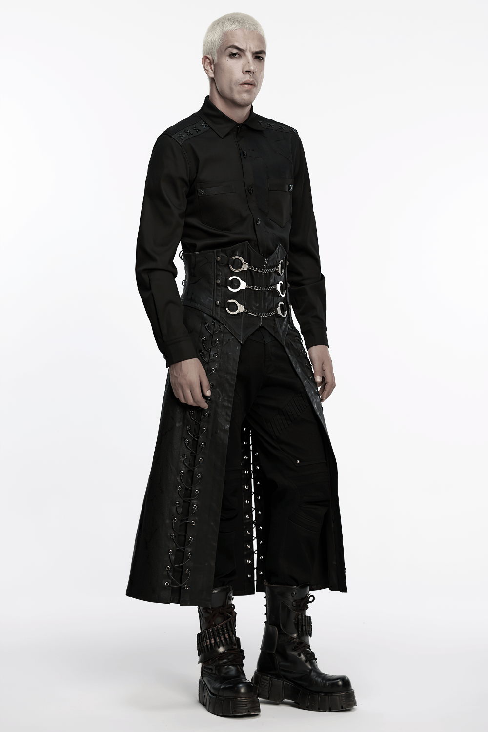 Gothic Chain Buckle Long Kilt with Side Lacing Detail featuring bold chains and punk aesthetics.