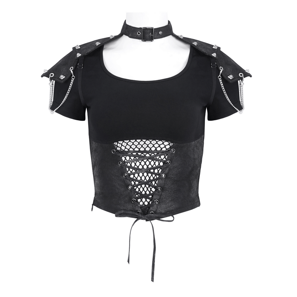 Gothic chain detail crop top with shoulder accents and lace-up front for an edgy, stylish look.
