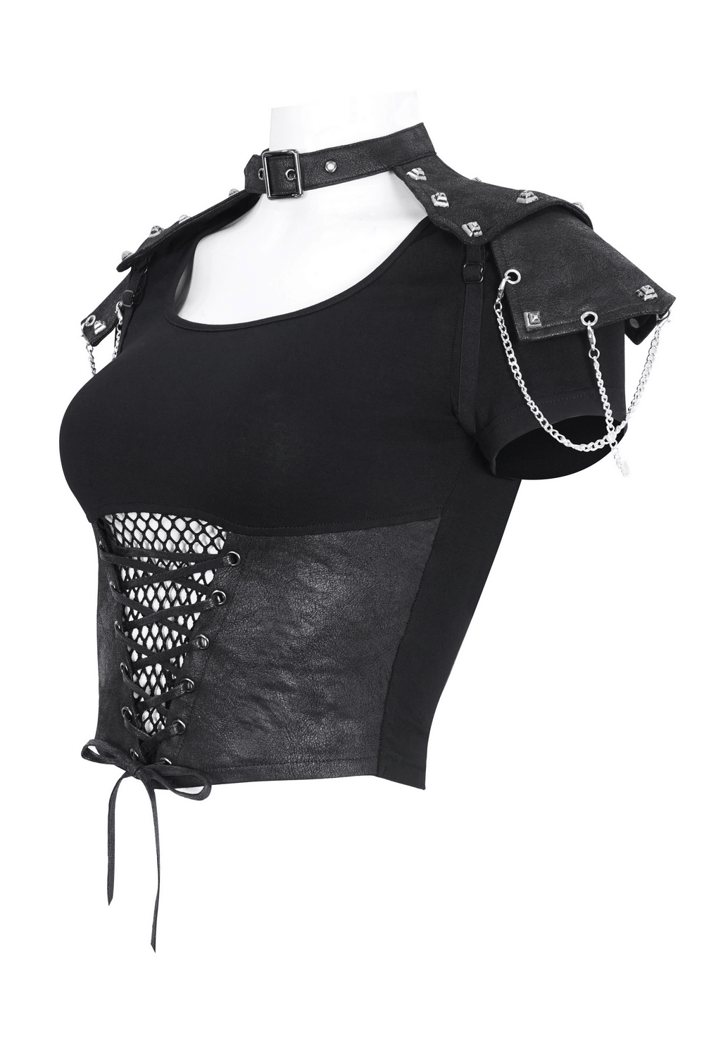 Gothic chain detail crop top with shoulder accents and lace-up front for edgy style.