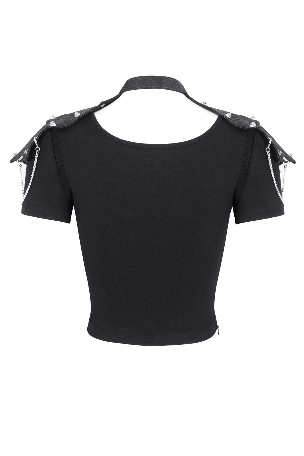Back view of a black gothic crop top with shoulder chains and adjustable straps for a bold fashion statement.