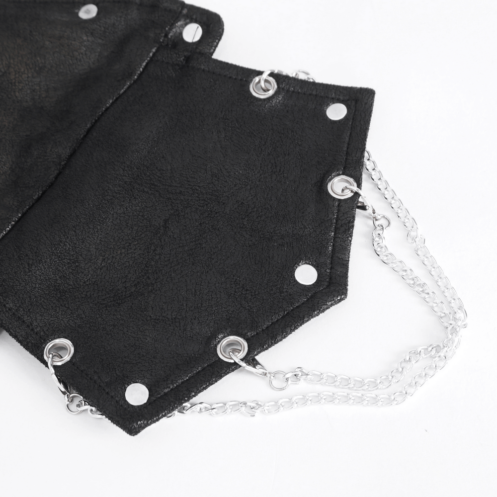 Edgy black leather accessory featuring silver chains and snap details, perfect for gothic fashion.
