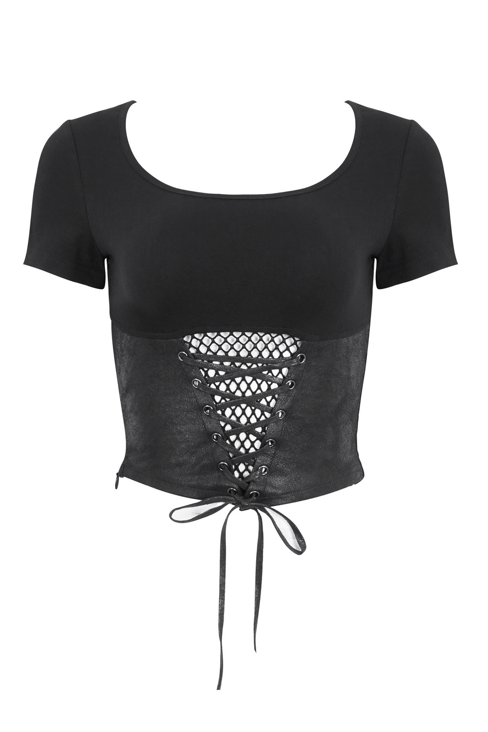 Edgy black gothic crop top with short sleeves and lace-up detail for a rebellious fashion statement.