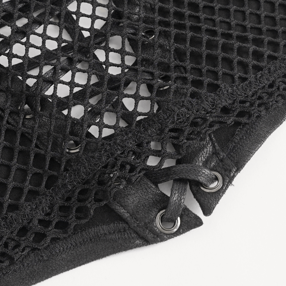 Close-up of black mesh fabric with lace-up detail, showcasing gothic style and edgy design accents.