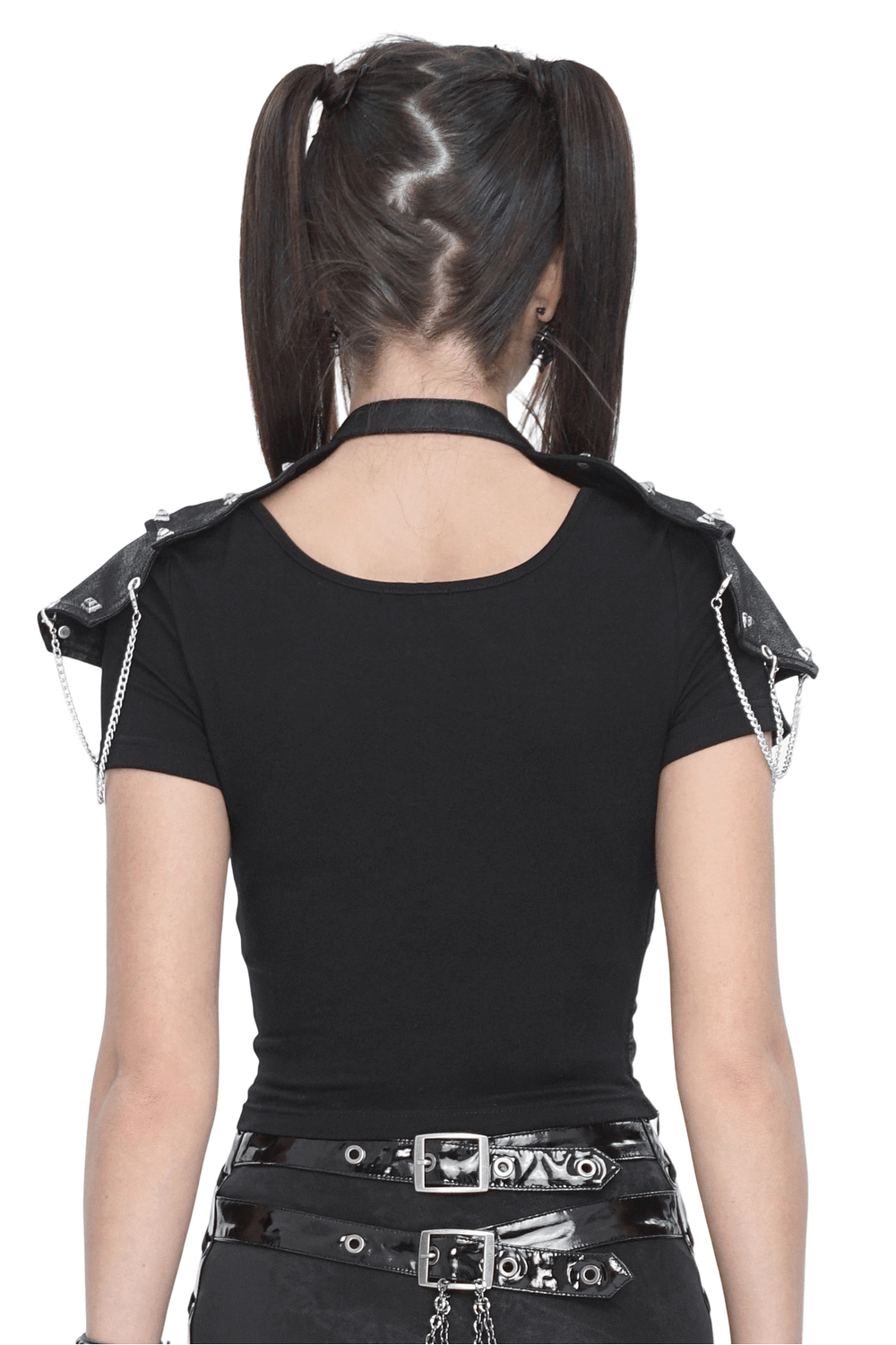 Back view of gothic crop top with chain-accented shoulders and adjustable straps, perfect for edgy fashion lovers.
