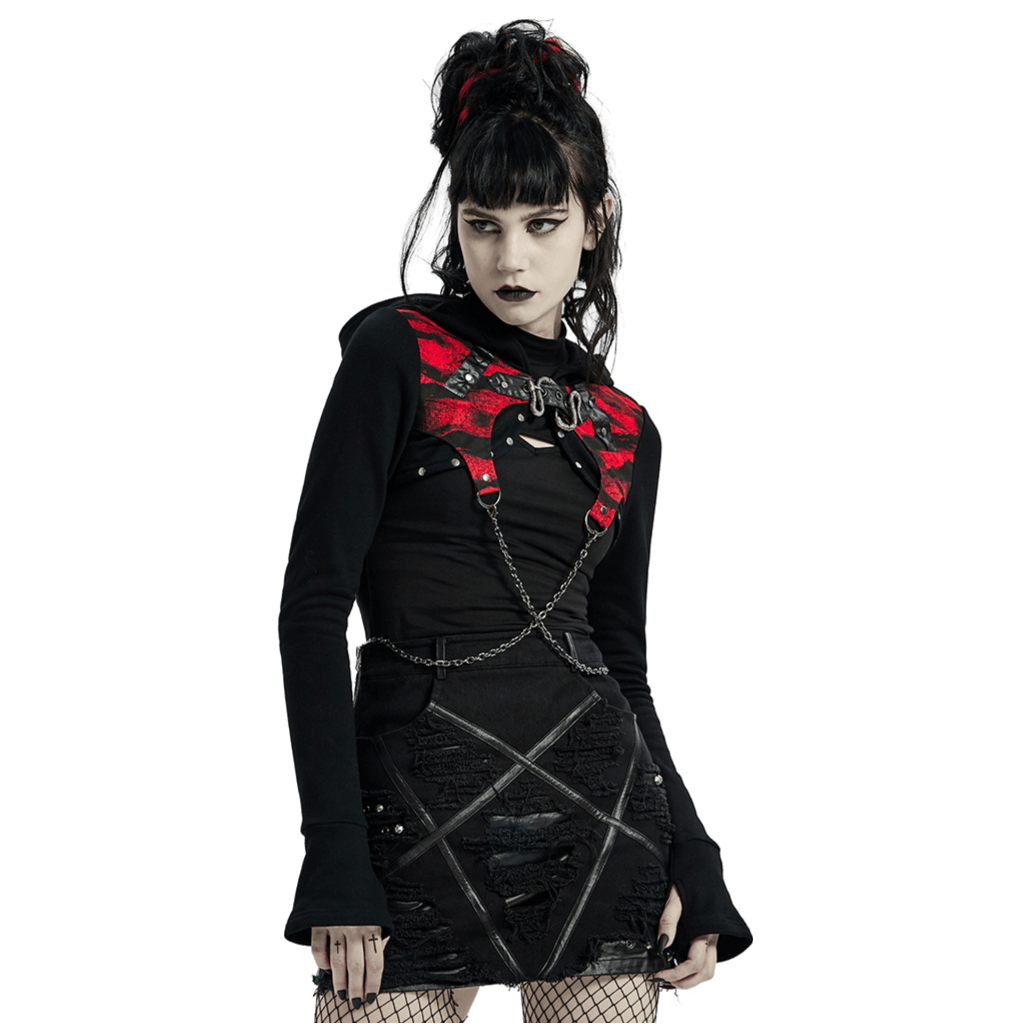 Gothic Chain Detail Knit Top with contrast hood and edgy punk style, perfect for a fashion-forward cold season look.