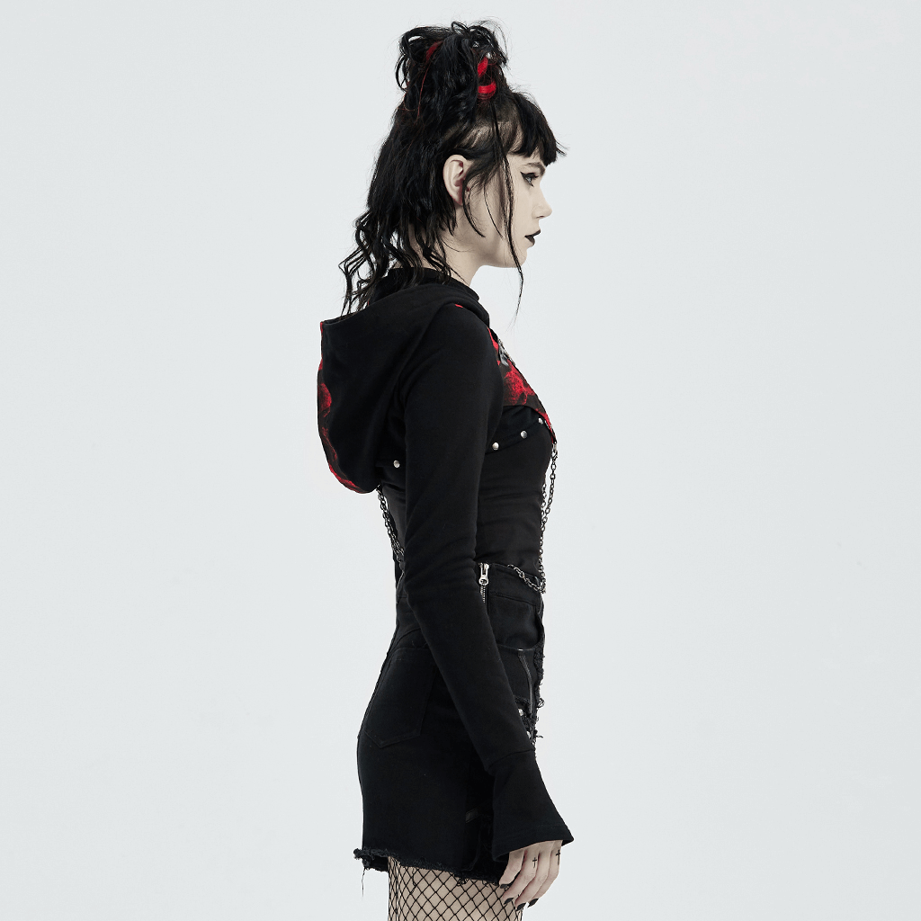 Side view of a model in a Gothic Chain Detail Knit Top with a contrast hood, showcasing a punk style.
