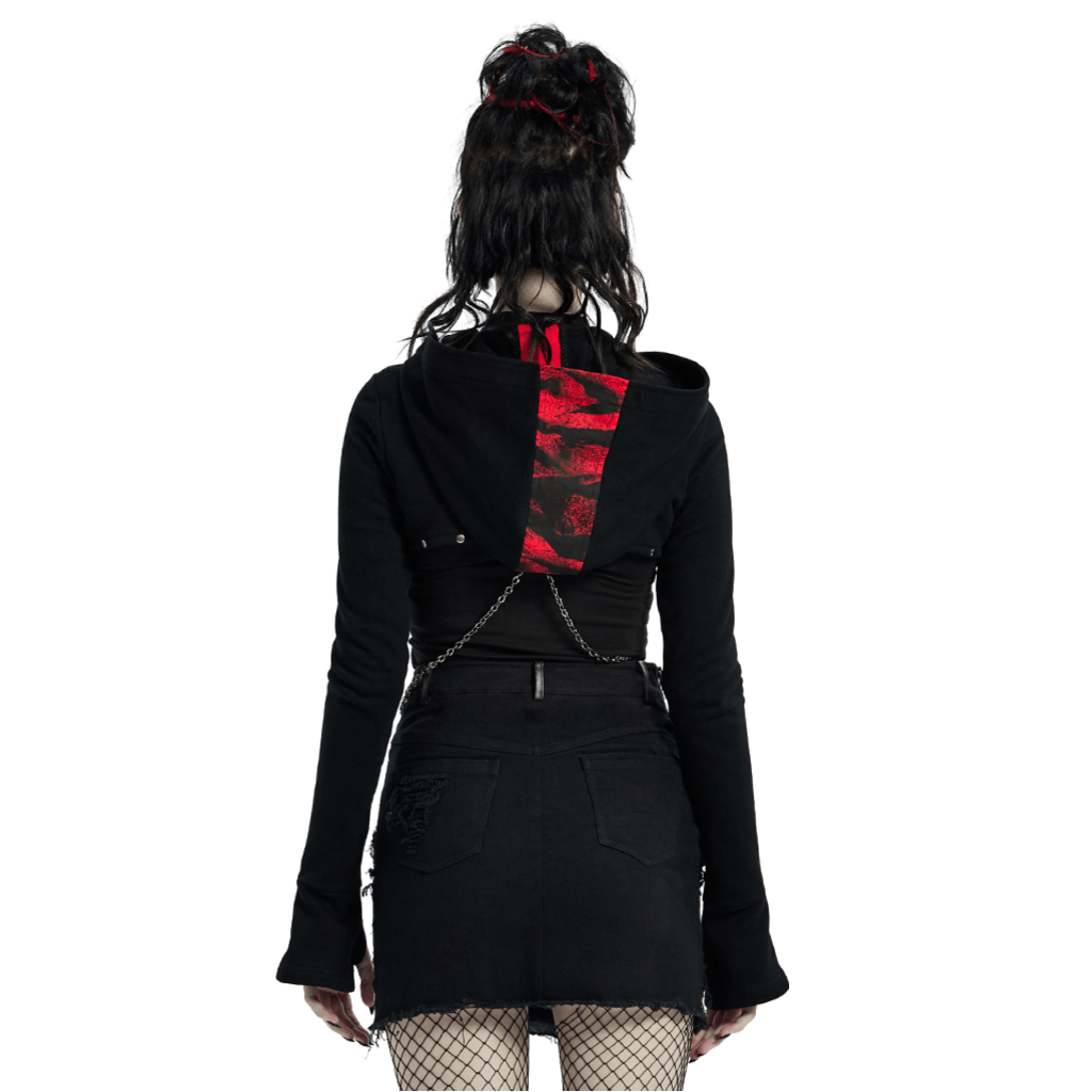Back view of Gothic Chain Detail Knit Top with contrast hood, featuring edgy chain accents and stylish design elements.