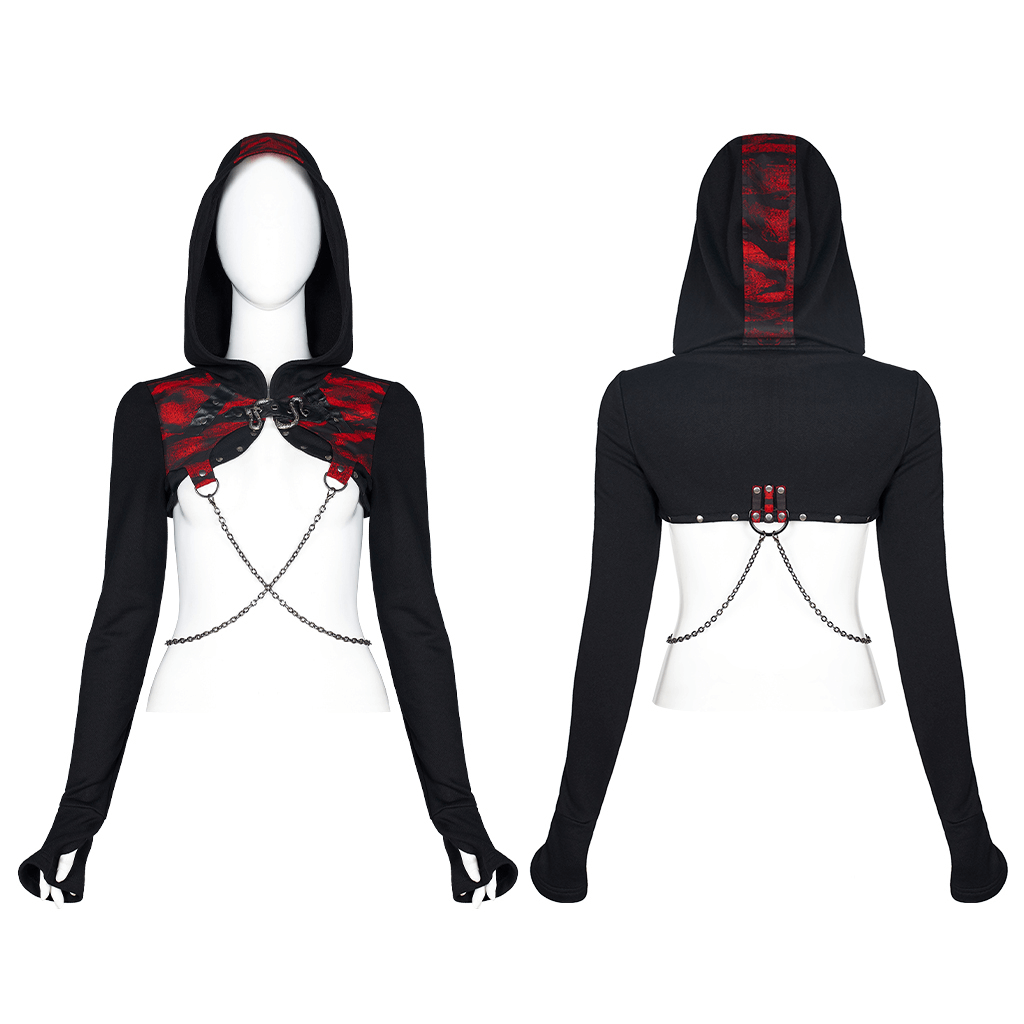 Gothic Chain Detail Knit Top with Contrast Hood, showcasing edgy punk style and chain accents for a chic winter look.