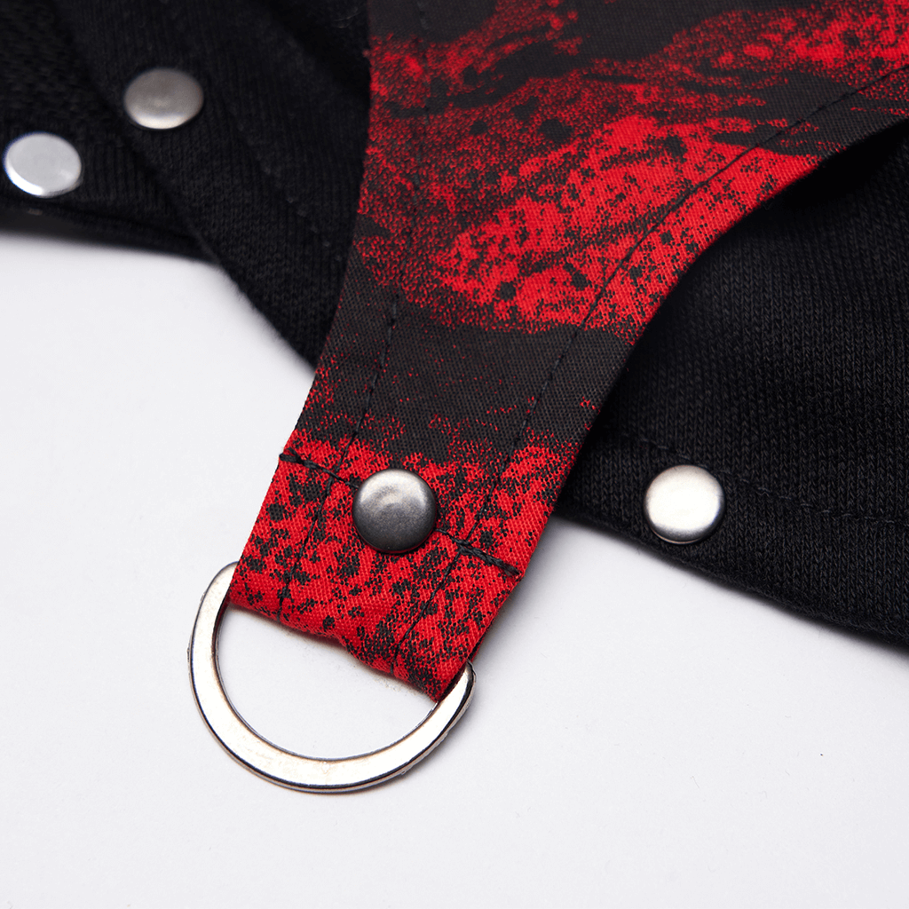 Close-up of Gothic Chain Detail Knit Top, featuring bold red and black accents with metal snap and loop detail.