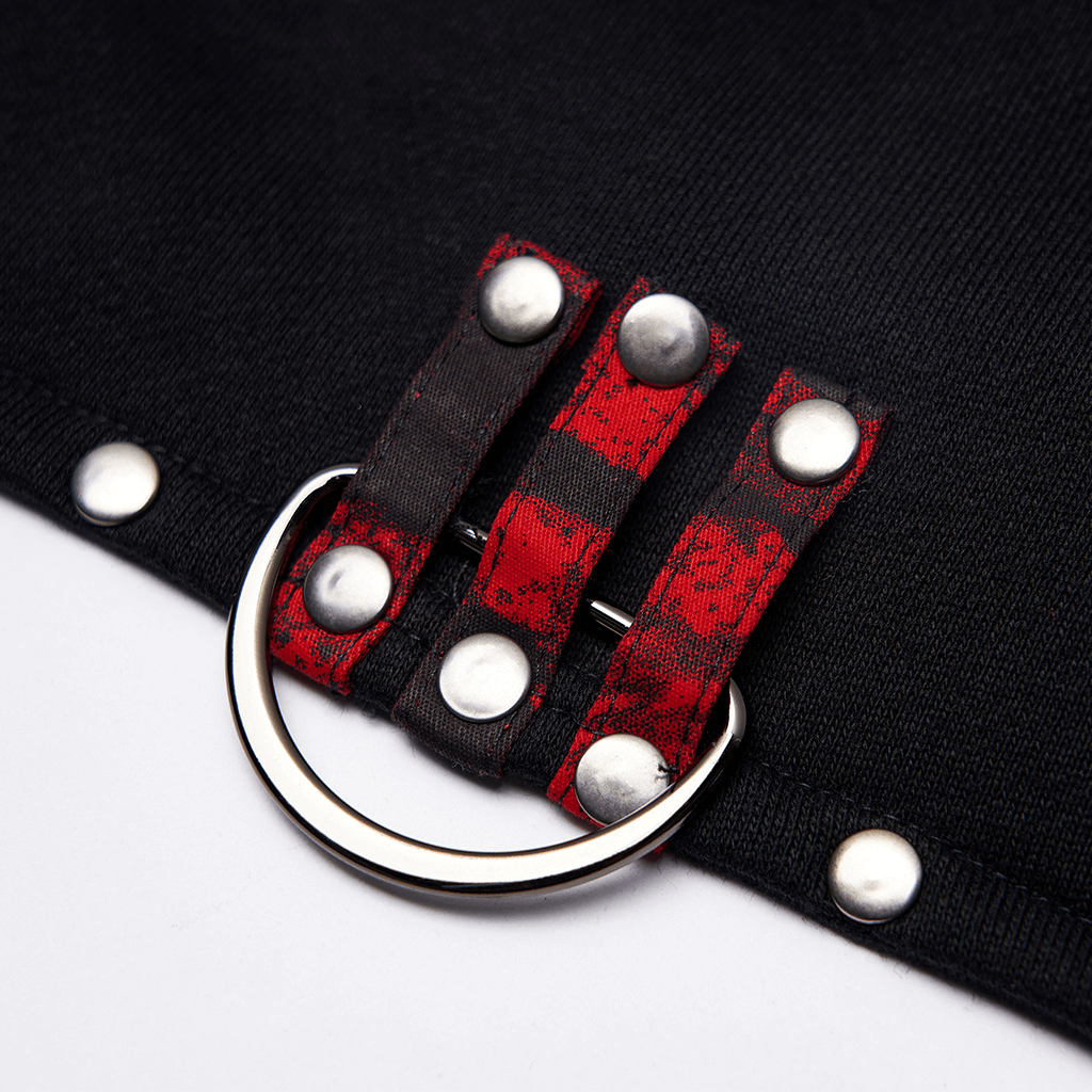 Detail of gothic knit top showcasing red and black chain accents with silver loops for an edgy, stylish look.