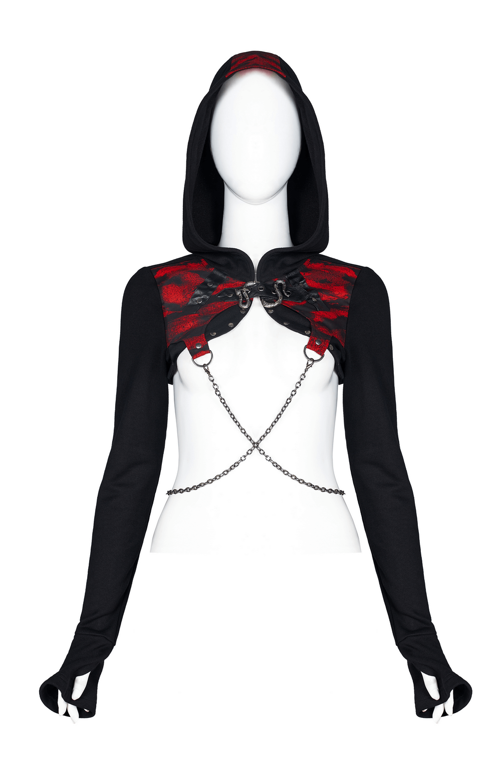 Gothic Chain Detail Knit Top with contrast hood, featuring chain accents and thumb-exposing cuffs for a punk-inspired look.