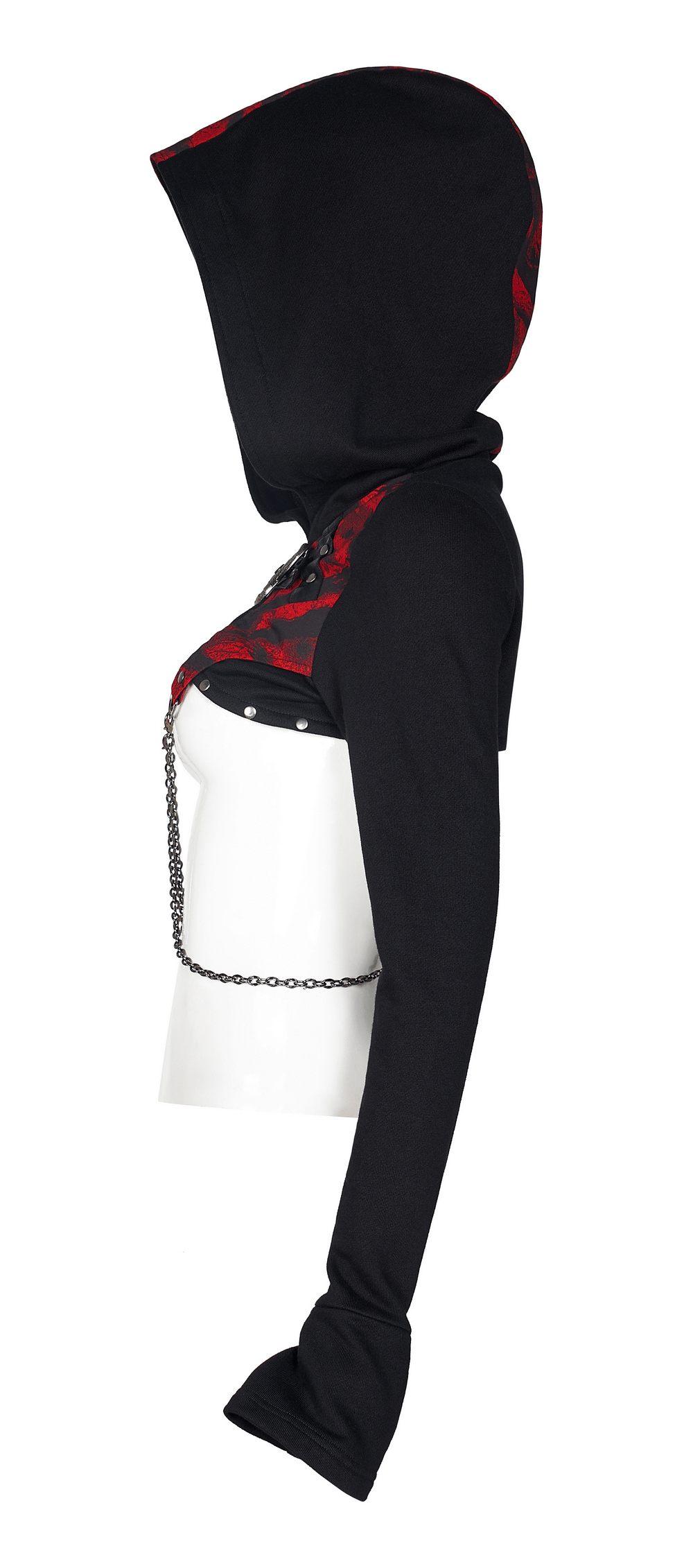 Gothic Chain Detail Knit Top with contrast hood, showcasing edgy punk style and thumb-exposing cuffs for mobility.