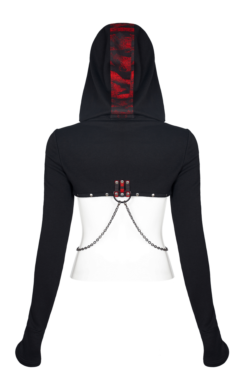 Back view of Gothic Chain Detail Knit Top with contrast hood and chain accents for edgy punk style.