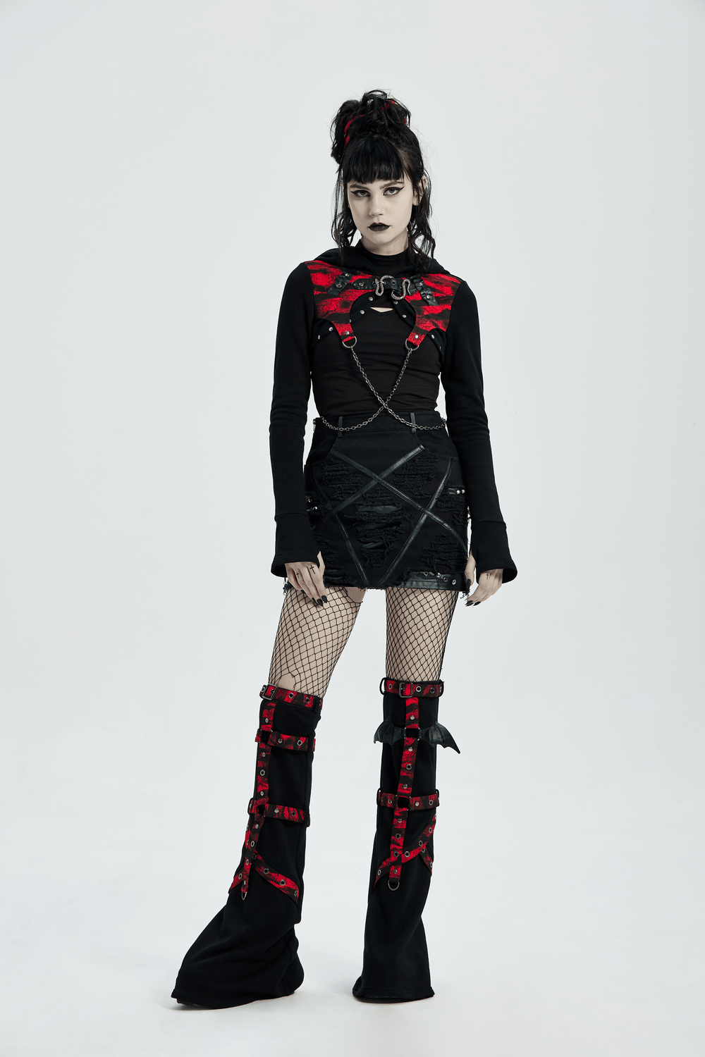 Gothic Chain Detail Knit Top with contrast hood, edgy punk style, perfect for a cozy yet stylish winter look.