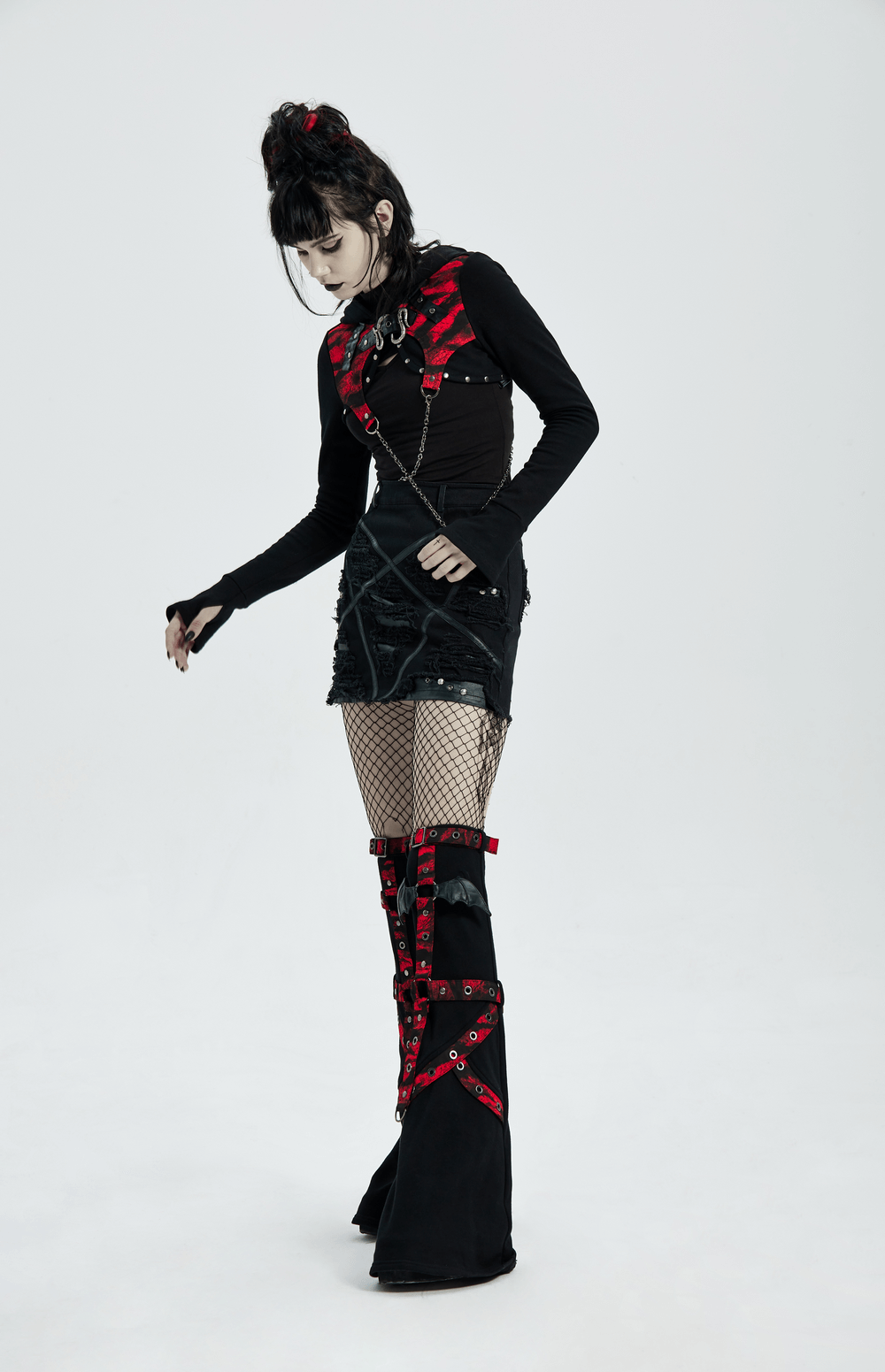 Gothic Chain Detail Knit Top with Contrast Hood worn by model, showcasing edgy punk style and unique chain accents.