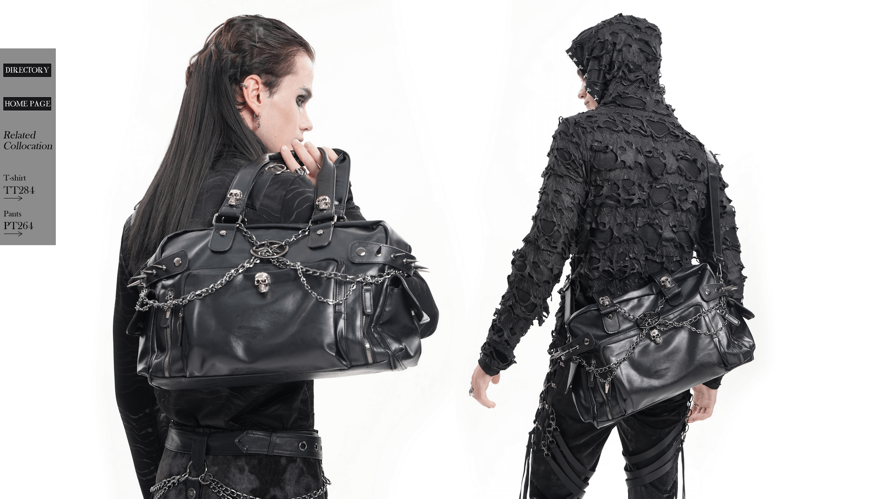 Gothic black tote bag with chain embellishments and skull accent, showcasing edgy fashion style.