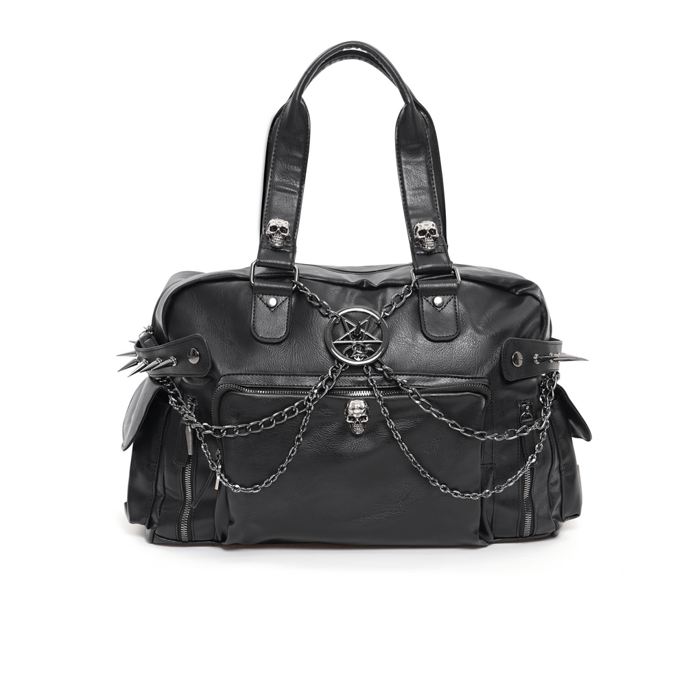 Gothic black tote bag with chain embellishments, skull accents, and pentagram detail for edgy fashion lovers.