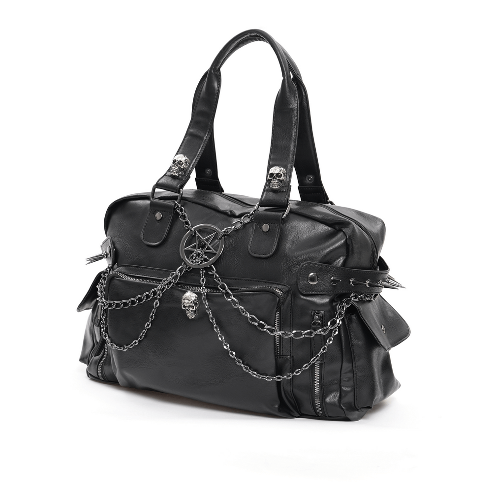 Gothic black tote bag with skull, pentagram, and chain embellishments for edgy fashion lovers.