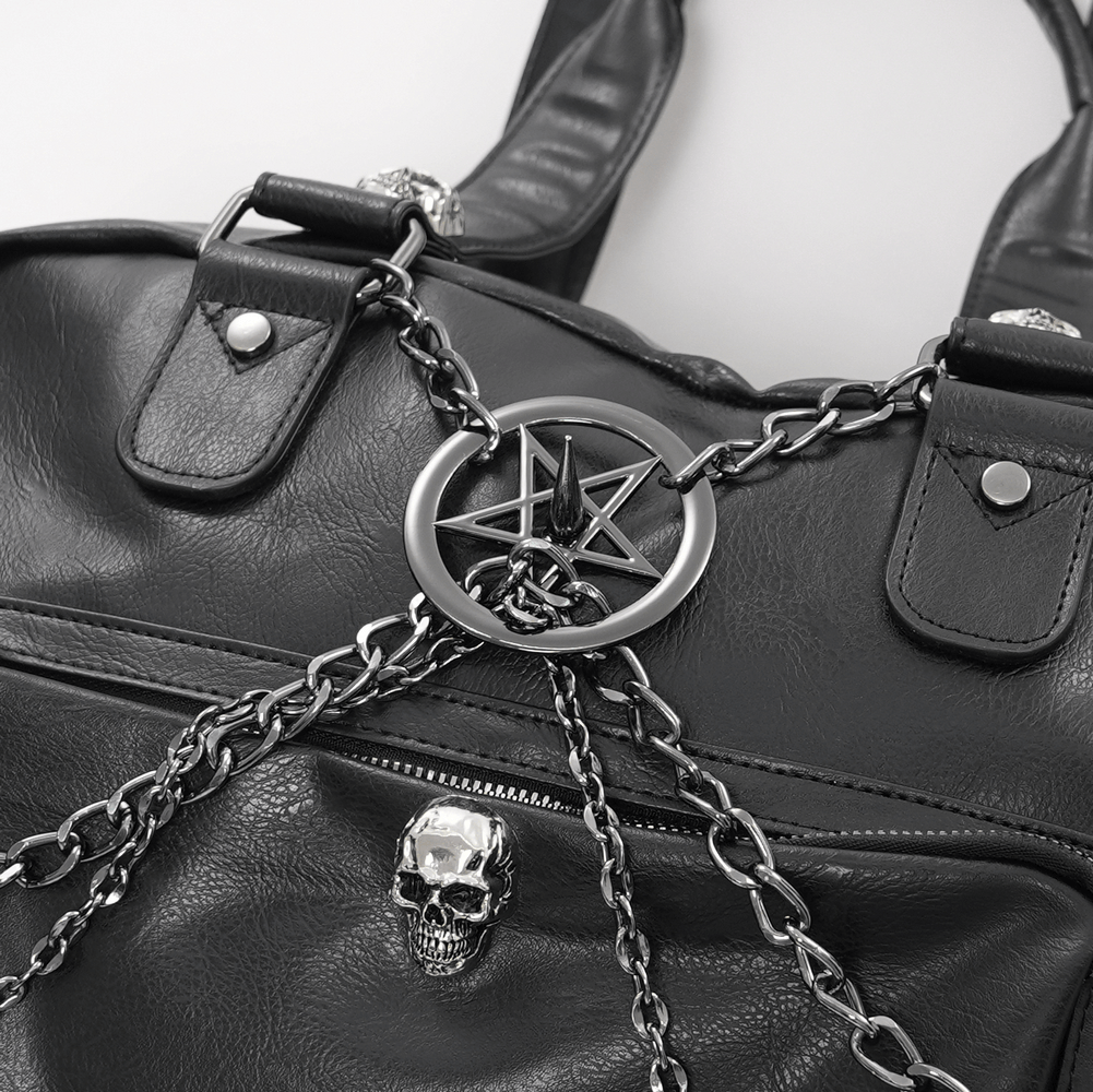 Gothic black tote bag featuring skull and pentagram accents with striking chain embellishments. Perfect for edgy fashion lovers.