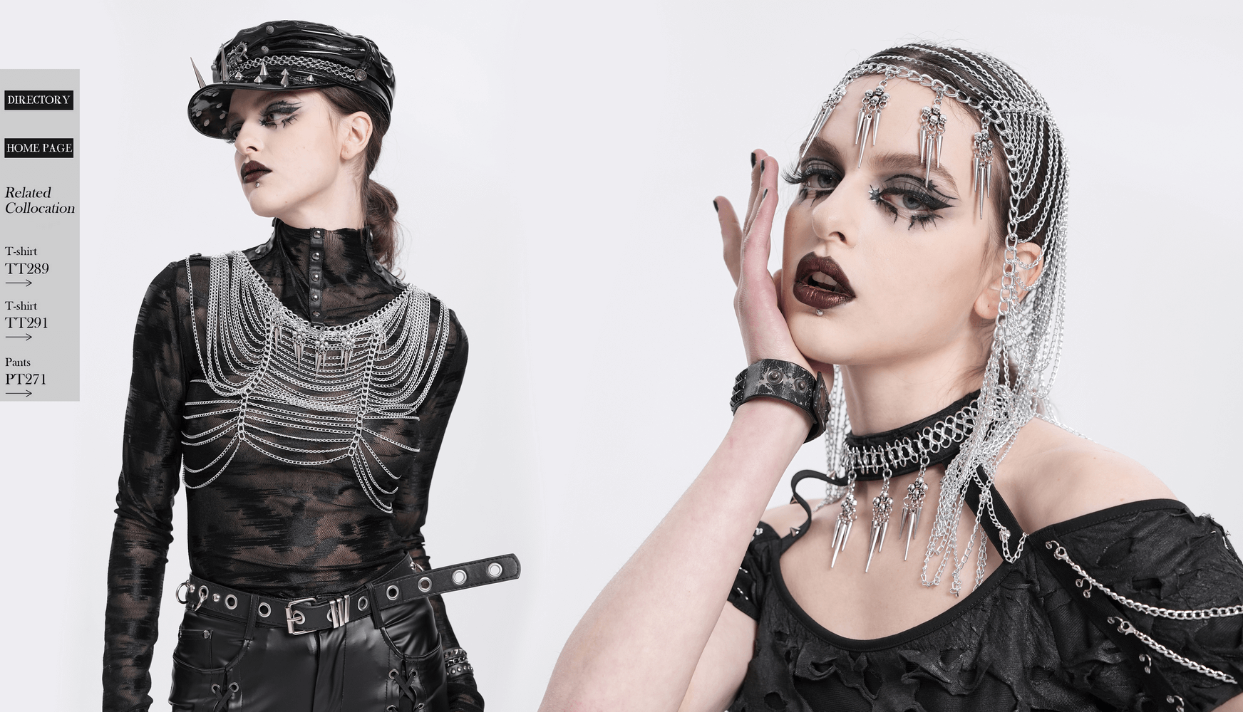 Stylish models showcasing gothic fashion with chain accessories and dramatic makeup for a punk aesthetic.