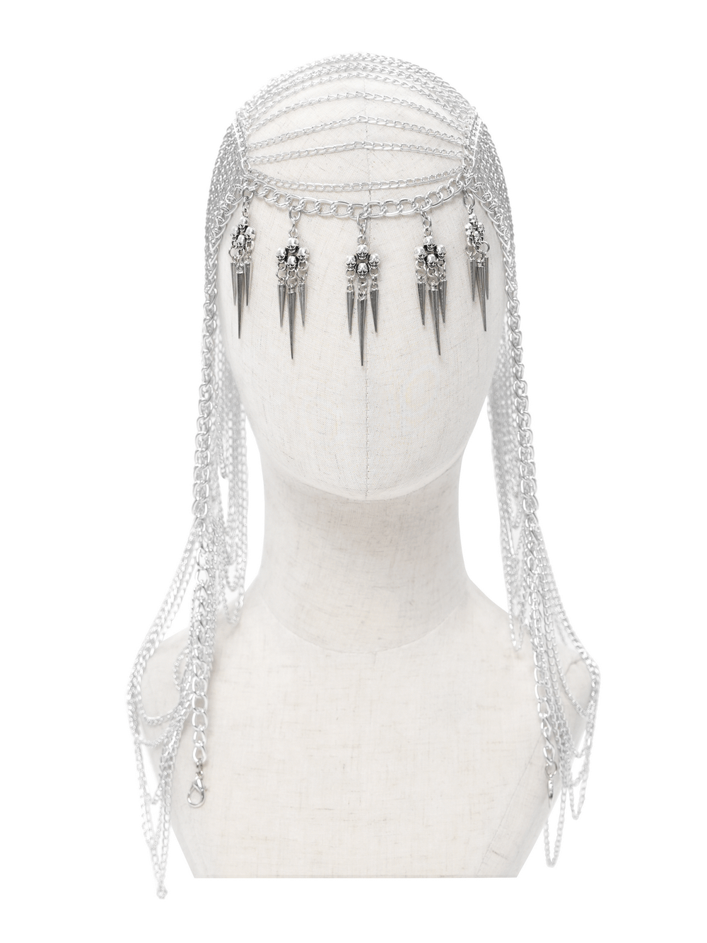 Gothic silver chain headpiece with spiked skull pendants, perfect for punk and alternative fashion.