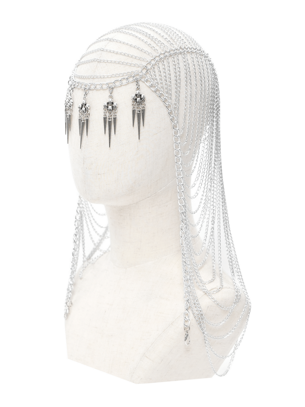 Silver gothic chain headpiece with spiked skulls, perfect for punk fashion lovers.