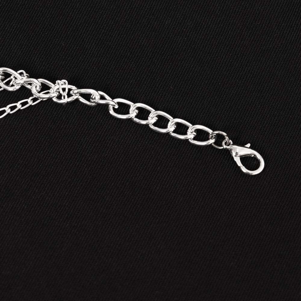 Close-up of a durable silver metal hair chain featuring a clasp for the Gothic Chain Headpiece.