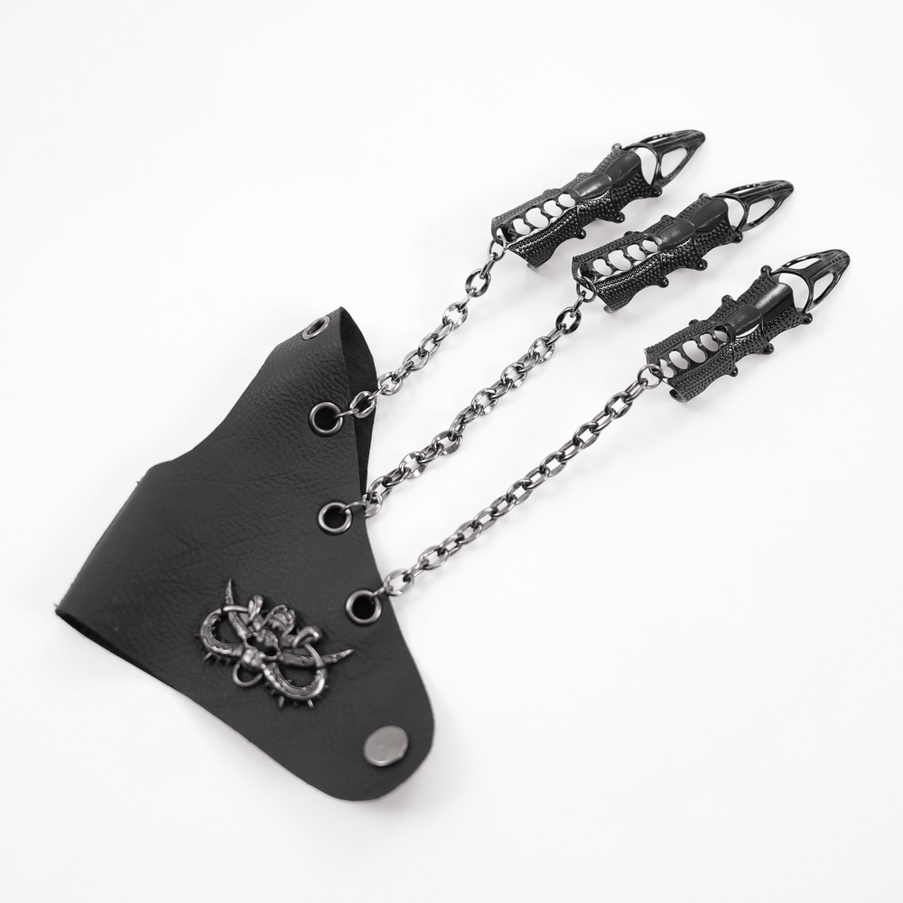 Gothic Chain-Link Finger Claws and Leather Wrist Cuff set with adjustable snap buttons for punk style cosplay.