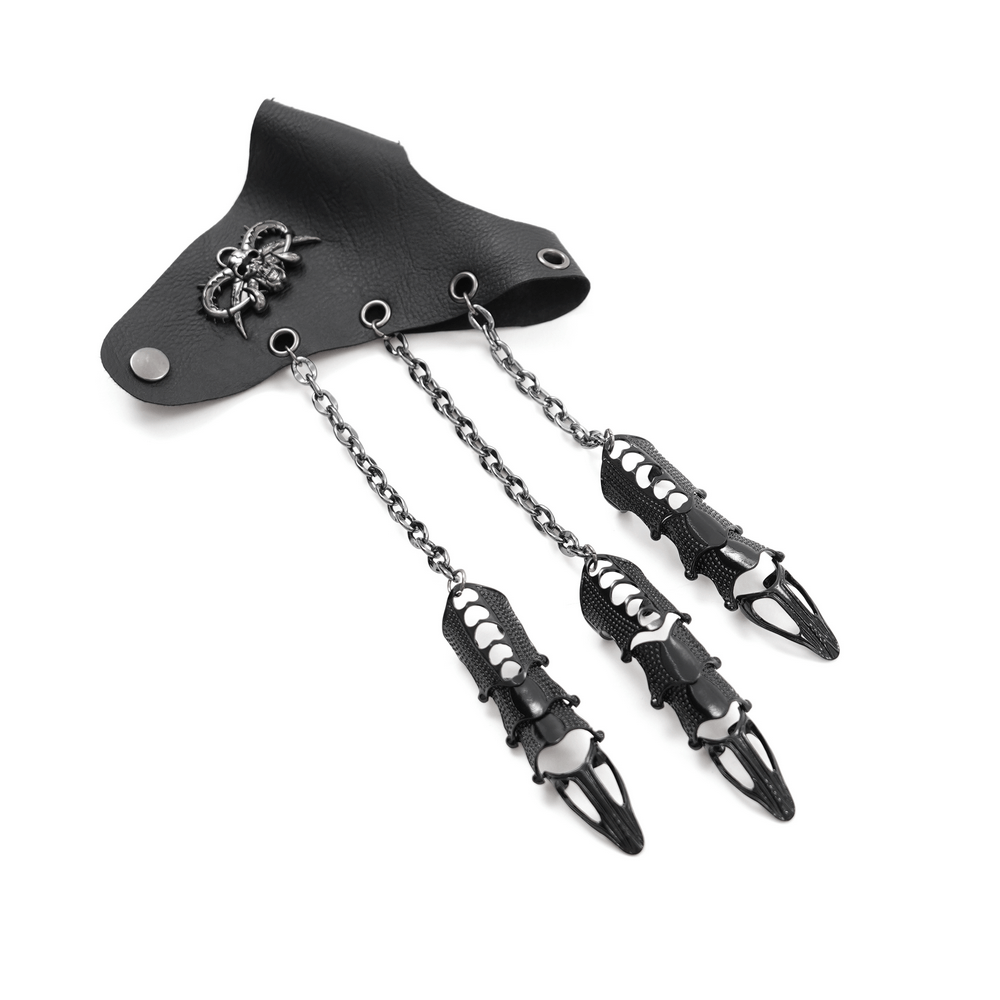 Gothic claw finger ring set with leather wrist cuff and chains, perfect for a punk-inspired look.