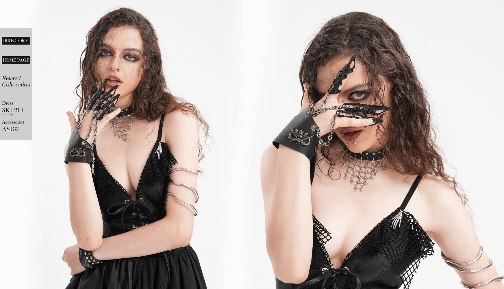 Gothic punk model showcasing chain-link finger claws and leather wrist cuff in stylish pose.