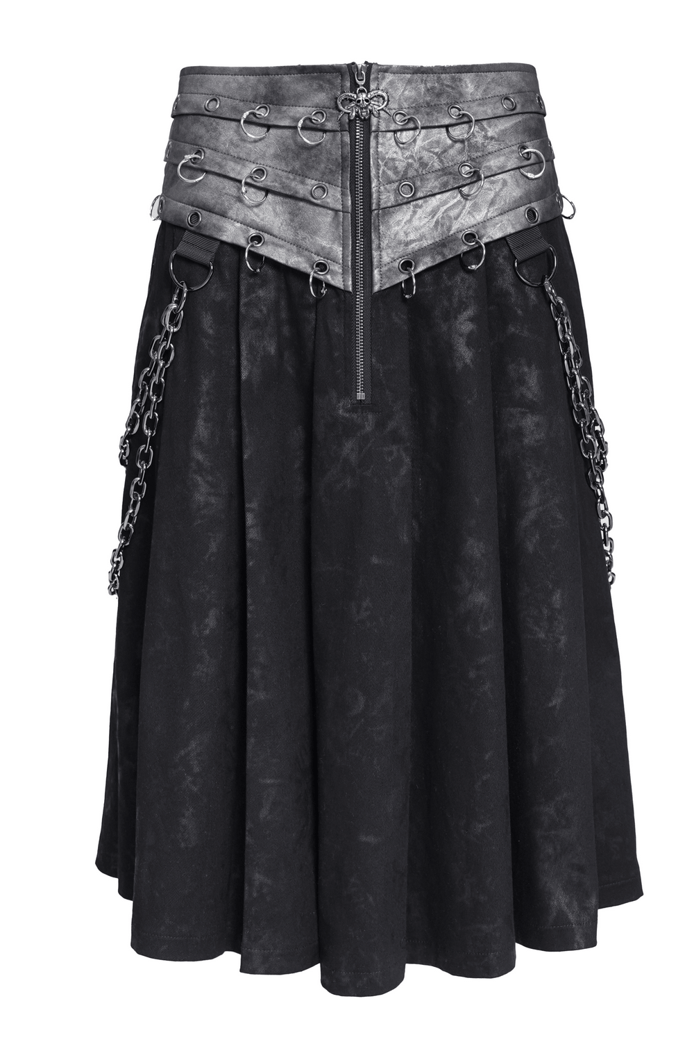 Gothic Chain Midi Skirt with Lace Up Waist Detail featuring D-ring chains and a layered corset-style waistband.