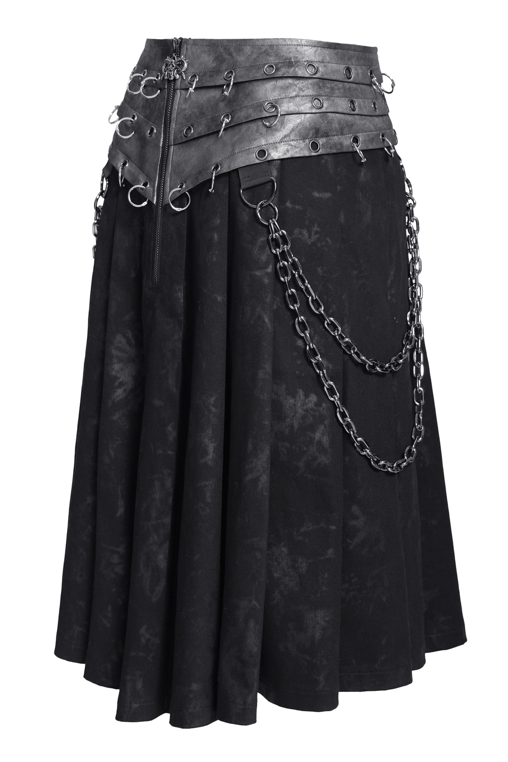 Gothic Chain Midi Skirt with Lace Up Waist Detail showcasing layered corset-style waistband and D-ring chains.