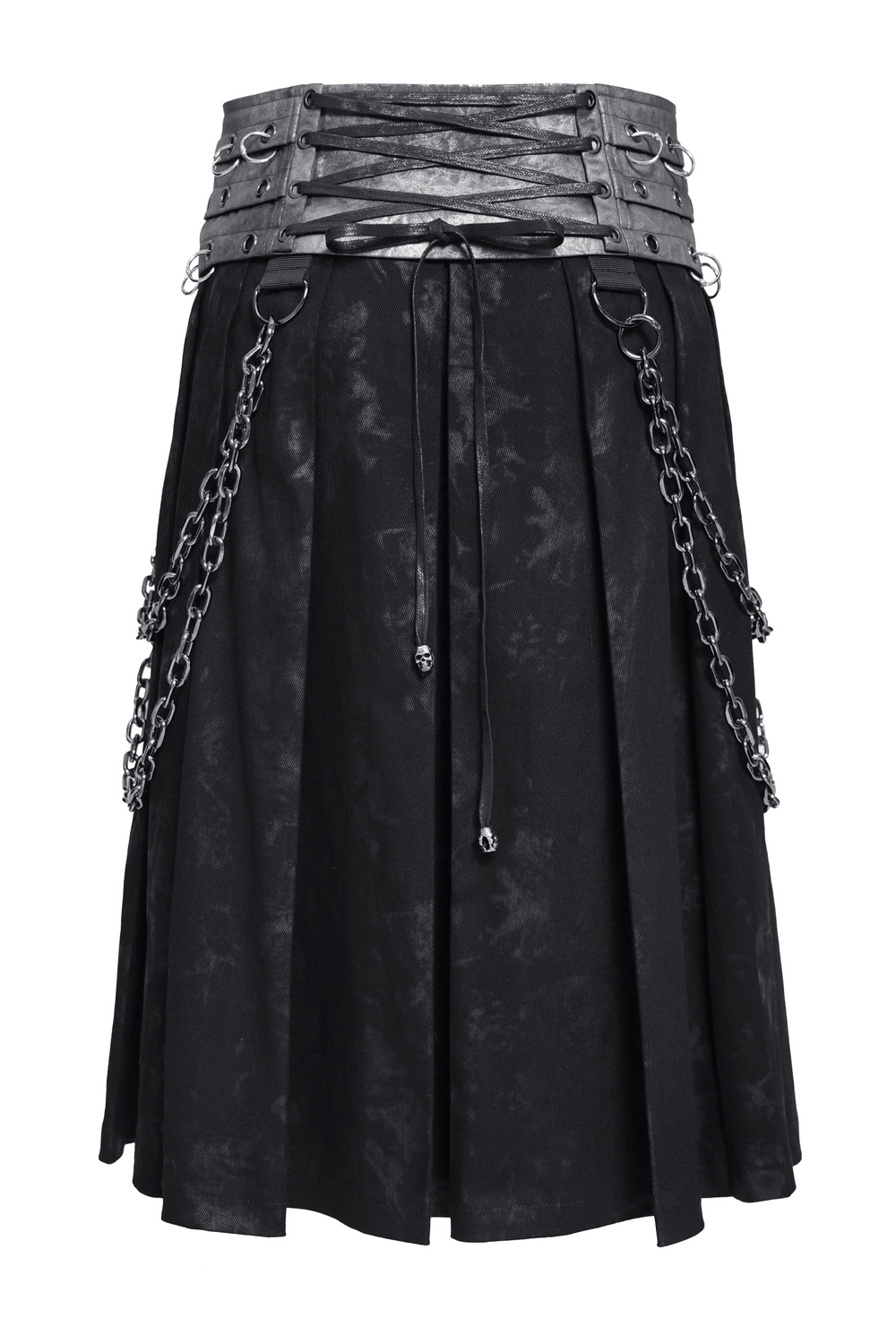 Gothic Chain Midi Skirt with Lace Up Waist Detail featuring metal eyelets and draped chains for punk style.