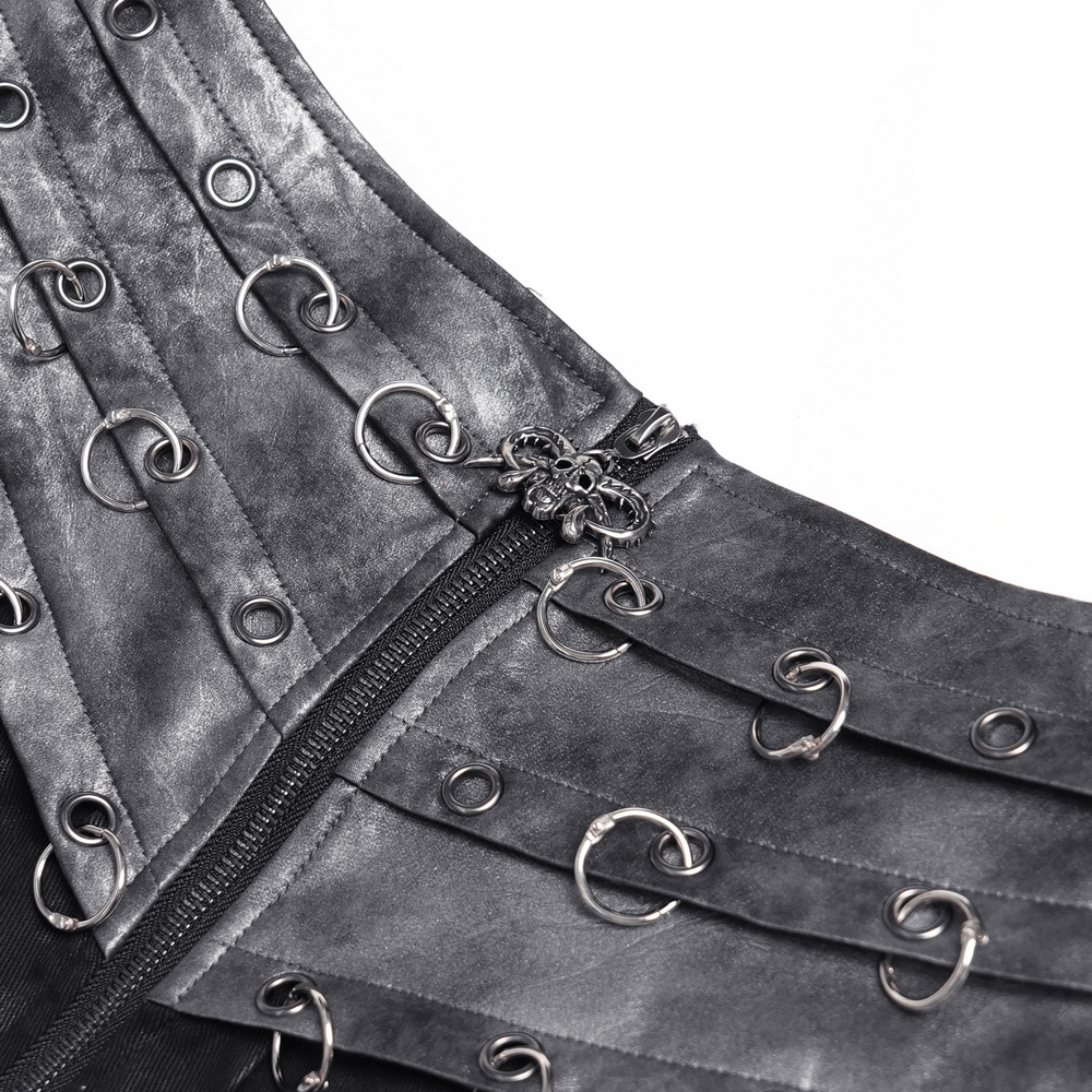 Close-up of Gothic Chain Midi Skirt with Lace Up Waist Detail showcasing zipper and D-ring accents.