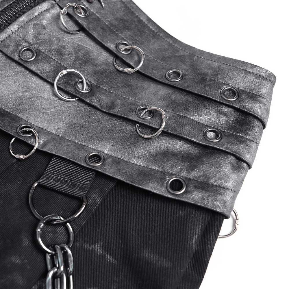 Gothic Chain Midi Skirt with Lace Up Waist Detail showcasing metal eyelets and D-ring accents on waistband.