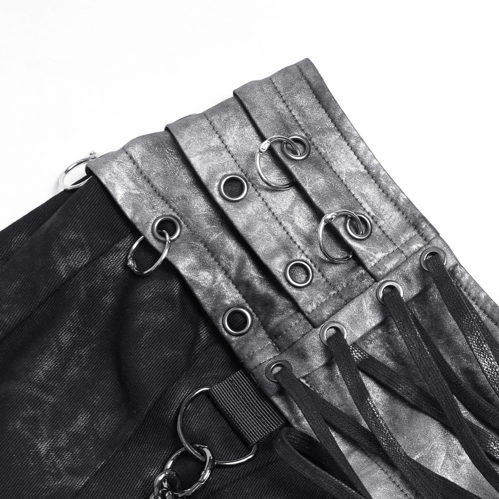 Gothic Chain Midi Skirt with Lace Up Waist Detail showing intricate lace-up design and metal accents.