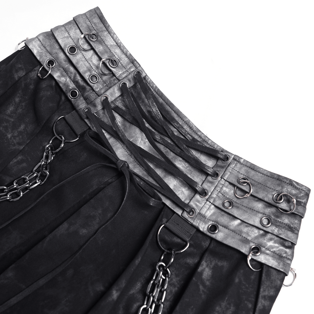 Gothic Chain Midi Skirt with Lace Up Waist Detail showing layered corset waistband and D-ring chains.