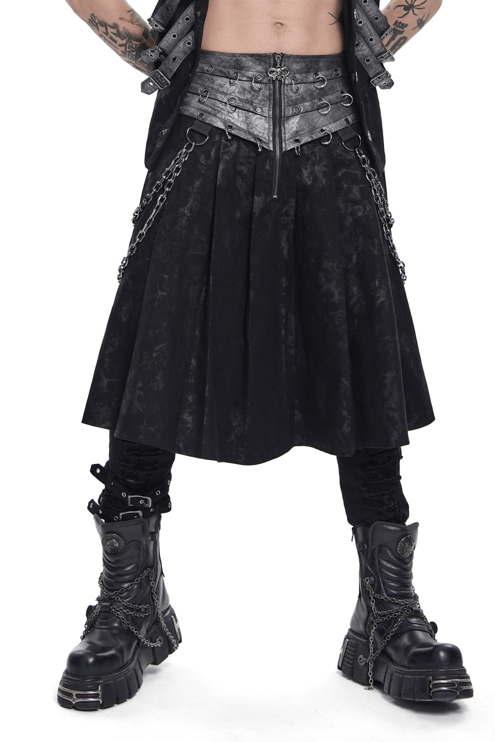 Gothic Chain Midi Skirt with Lace Up Waist Detail featuring chains and corset-style waistband.