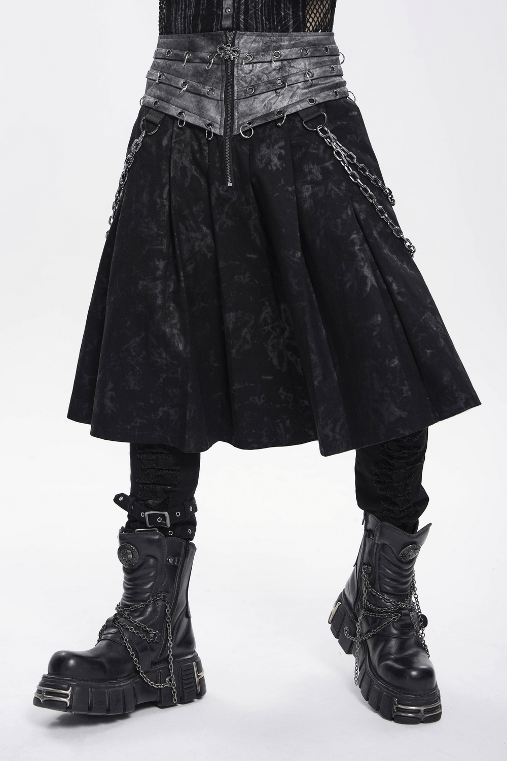 Gothic Chain Midi Skirt with Lace Up Waist Detail featuring D-Ring chains and layered corset waistband.