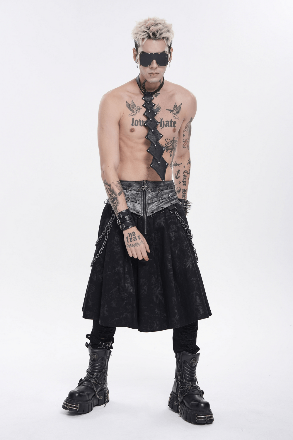 Gothic Chain Midi Skirt with Lace Up Waist Detail worn by a model featuring punk accessories and bold tattoos.