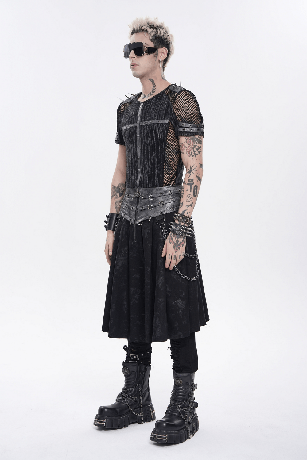 Gothic Chain Midi Skirt with Lace Up Waist Detail modeled with punk elements and edgy accessories in a gothic style.