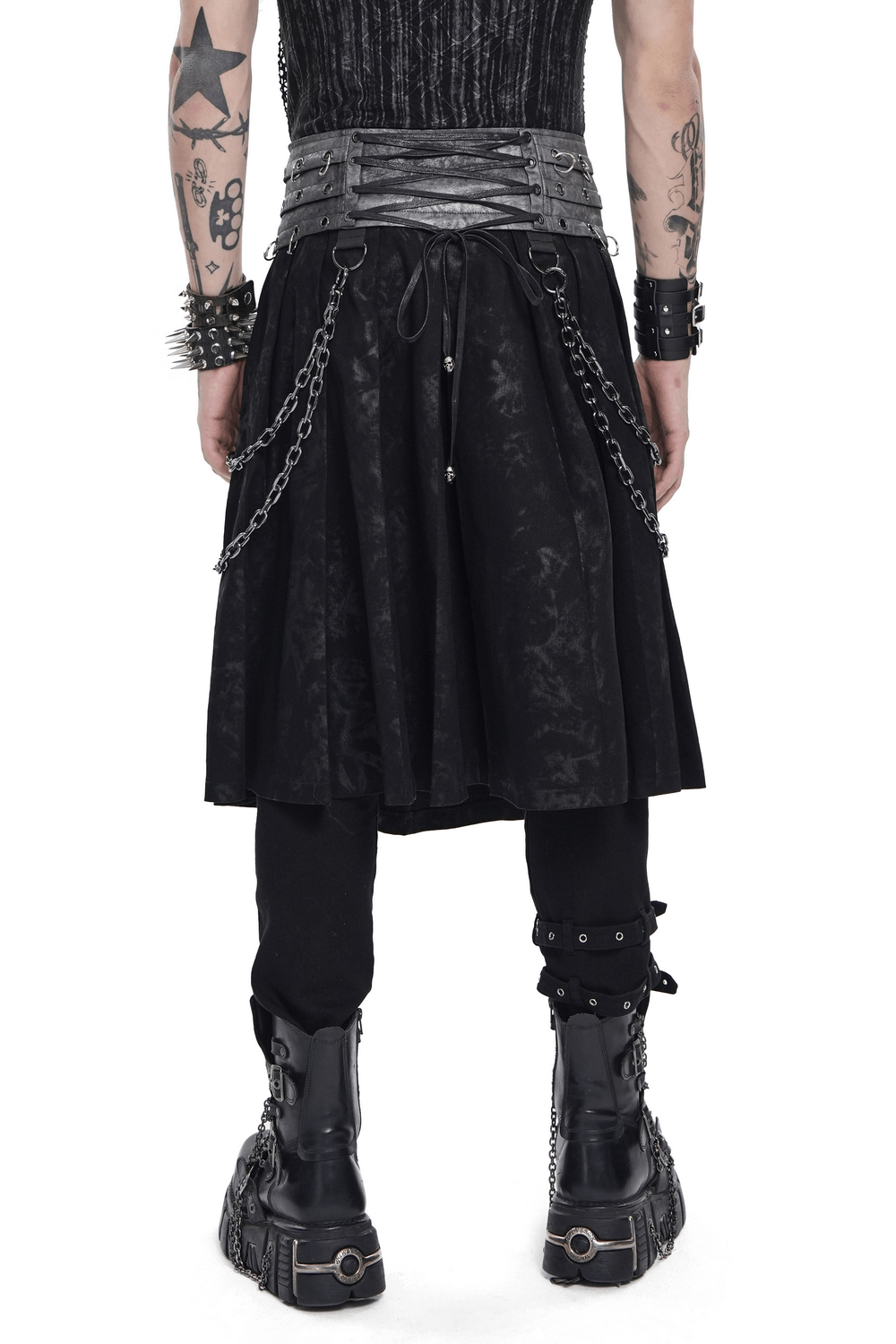 Gothic Chain Midi Skirt with Lace Up Waist Detail showcasing a layered corset waistband and draped side chains.
