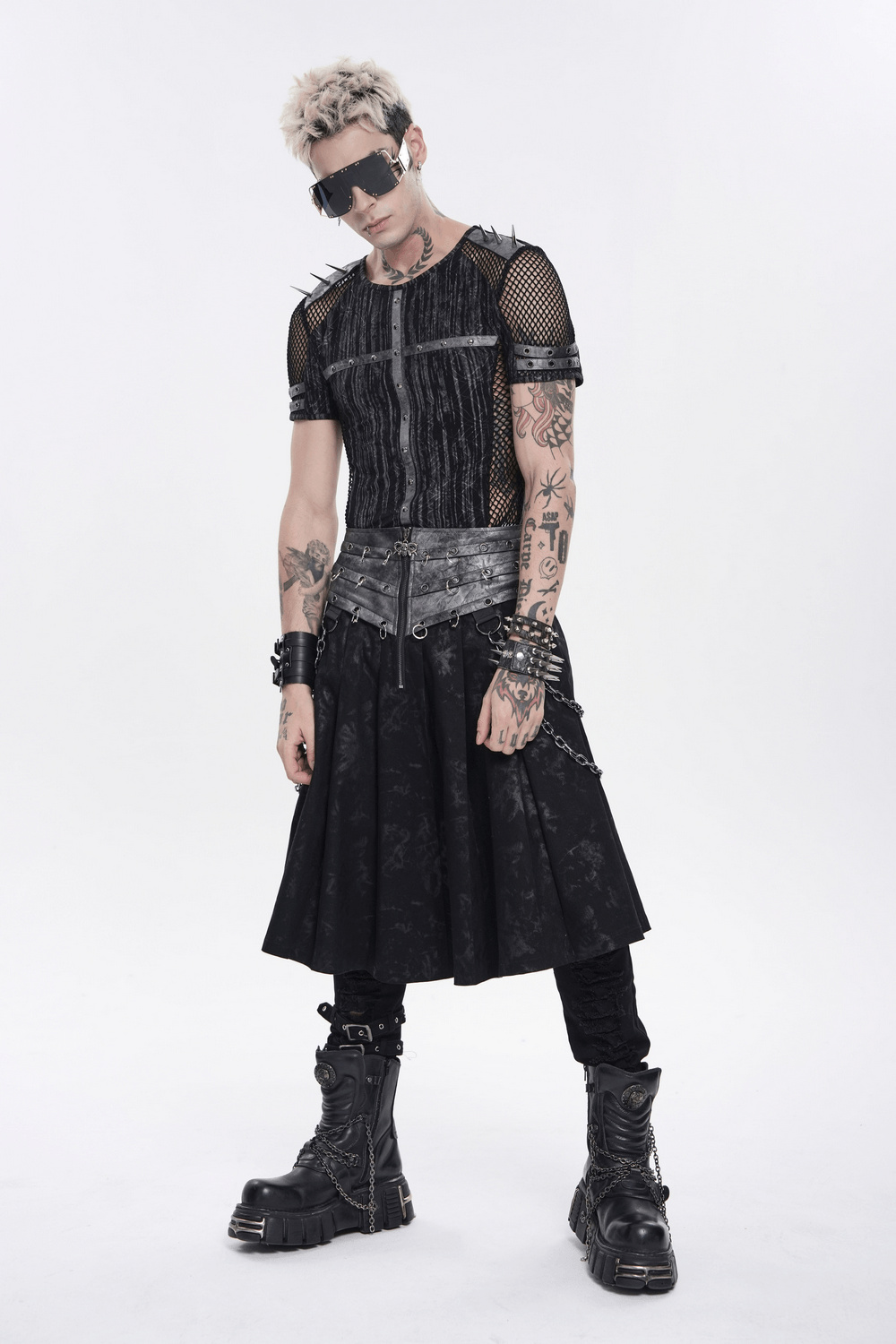 Gothic Chain Midi Skirt with Lace Up Waist Detail worn by a model showcasing punk aesthetic with metal accents and chains.