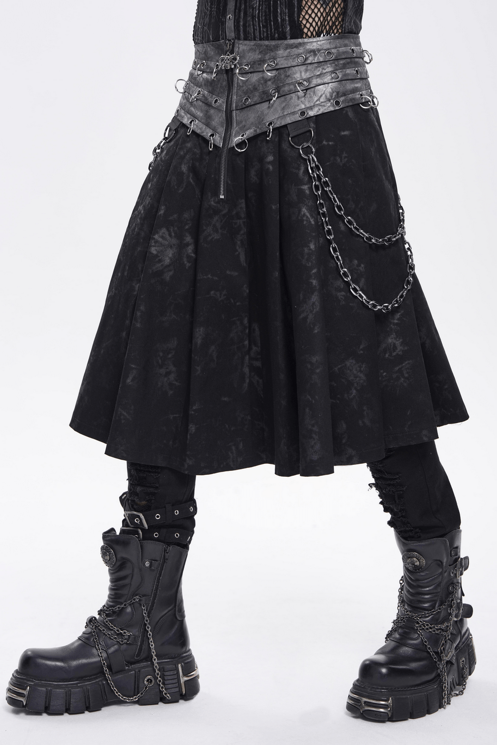 Gothic Chain Midi Skirt with Lace Up Waist Detail featuring metal eyelets and D-ring chains.