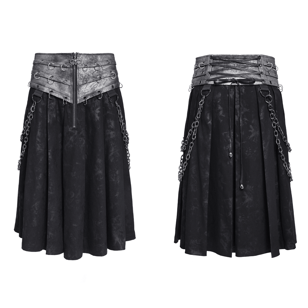 Gothic Chain Midi Skirt with Lace Up Waist Detail showcasing a layered corset-style waistband and draped side chains.